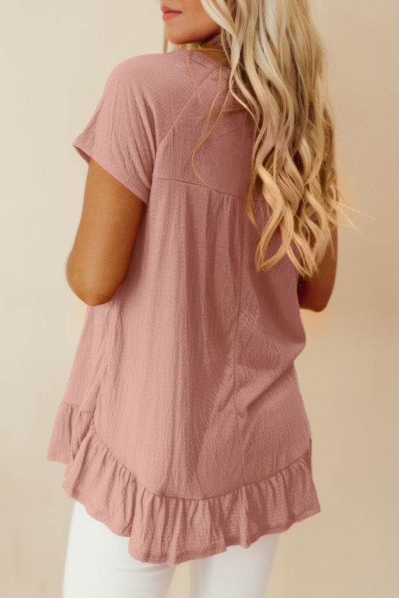 Pink Crinkled Short Sleeve Ruffle Blouse