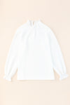 White Smocked Casual Textured Bishop Sleeve Blouse