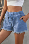 Black Drawstring Pocketed Frayed Hem Denim Shorts | Available in 3 Colors