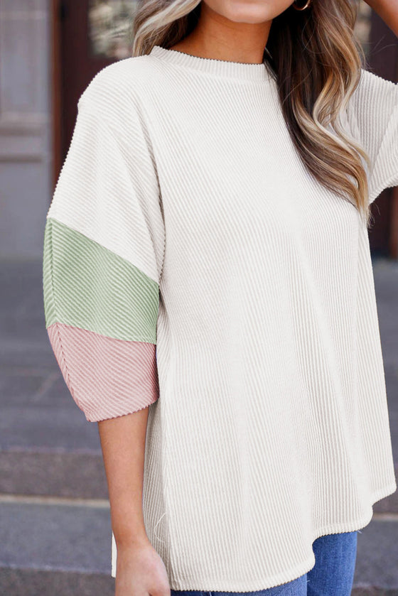 White Textured Colorblock T Shirt in| Available in Plus Size