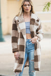 Brown Plaid Lapel Collar Long Open Front Coat