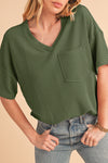 Black Ribbed V Neck Pocket Drop Sleeve T-Shirt