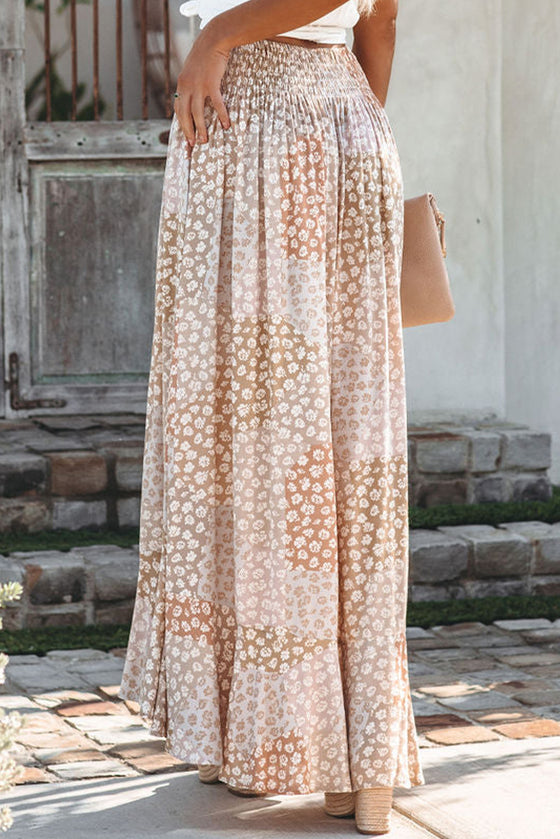 Peach Colored Boho Flower Print Smocked Waist Button Slit Maxi Skirt