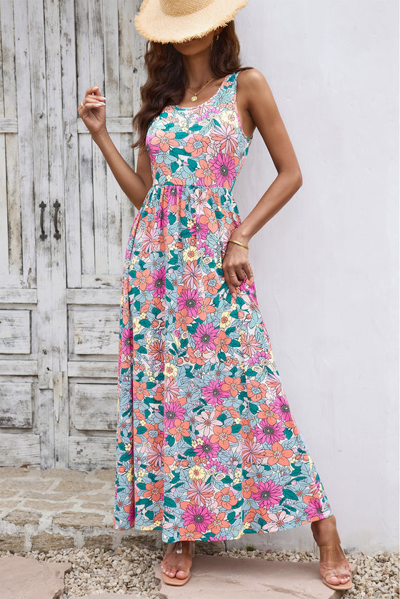 Multicolor Floral Printed Round Neck Sleeveless Maxi Dress