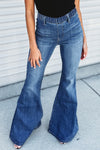 Dark Blue Elastic High Waist Flared Jeans