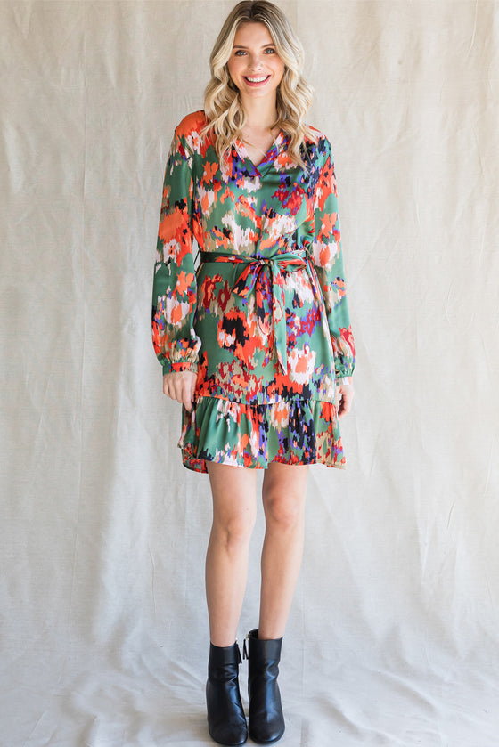 Abstract Print Waist Belted Long Sleeve Dress | Other Colors Available