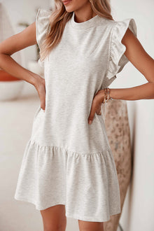  White Solid Color Ruffle Hem Mini Sweatshirt Dress