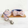 Luxury Blue and Orange Patterned Dog Collar and Bowtie with Leash