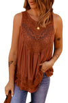 Apricot Casual Contrast Lace Crochet Button Back Sleeveless Shirt