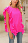 Bright Pink Plain Pleated Ruffle Trim Top