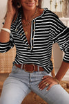 Black and White Striped Snap Button Ruffle Trim Long Sleeve Top