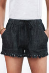 Black Drawstring Pocketed Frayed Hem Denim Shorts | Available in 3 Colors