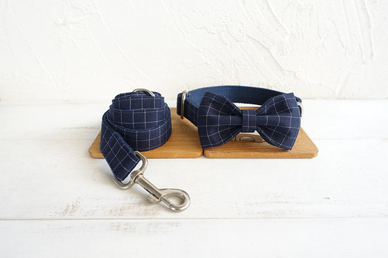 Luxury Navy Grid Patterned Dog Leash and Bowtie with Leash