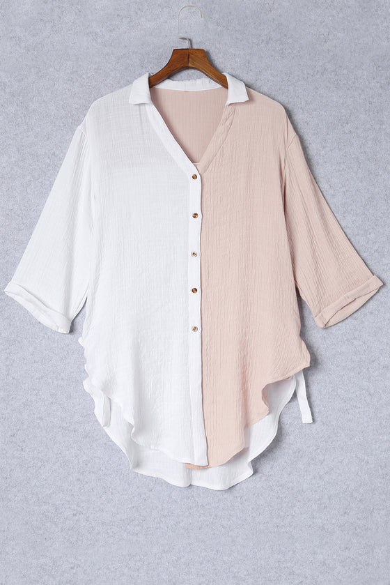 White Colorblock V Neck Collared Side Slits Blouse