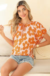 Orange Satin Retro Floral V-Neck Blouse