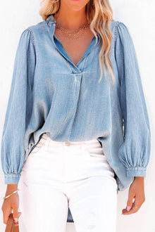  Sky Blue Puff Sleeve Slit V-Neck Denim Blouse