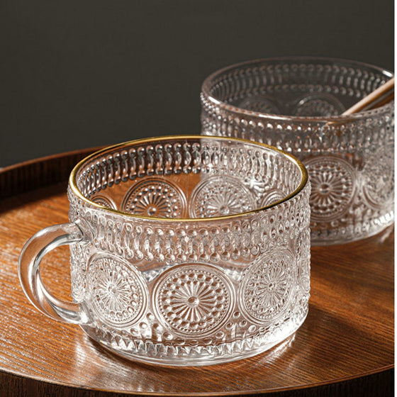 Vintage Embossed Glass Coffee Cup with Gold or Silver Rim