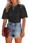 Black Eyelet Flutter Sleeve Crew Neck Ribbed Knit Top