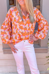 Orange Floral Print Loose Long Sleeve Blouse