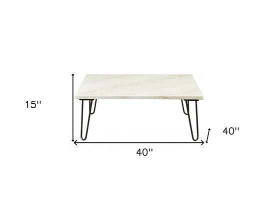 40" White and Black Faux Marble and Iron Coffee Table