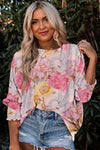 Pink 3/4 Sleeve Loose Fit Floral Blouse