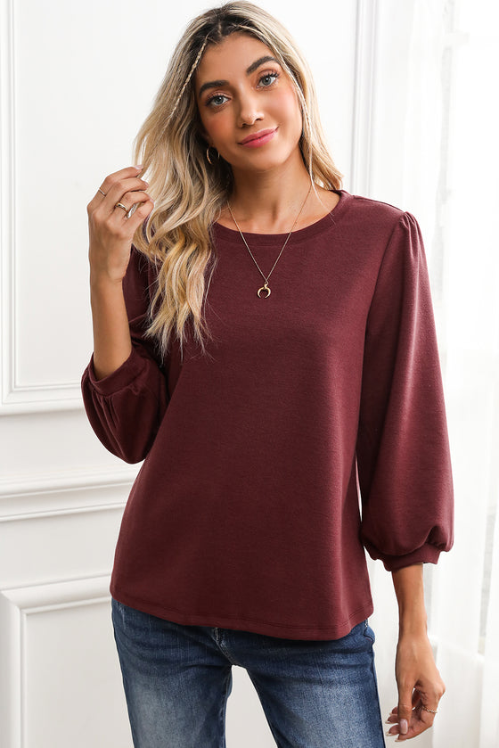 Red Solid Color 3/4 Puff Sleeve Round Neck Top | Available in 3 Colors