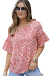 Pink Leopard Print Casual Flounce Sleeve Blouse for Women