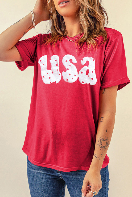 Red Casual USA Stars Graphic T-Shirt