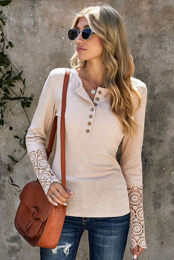 Beige Ribbed Lace Crochet Long Sleeve Shirt | Also Available in Black