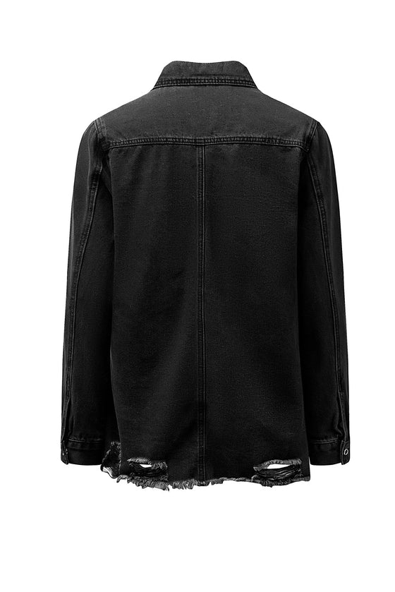 Black Ripped Raw Hem Button Up Denim Shacket