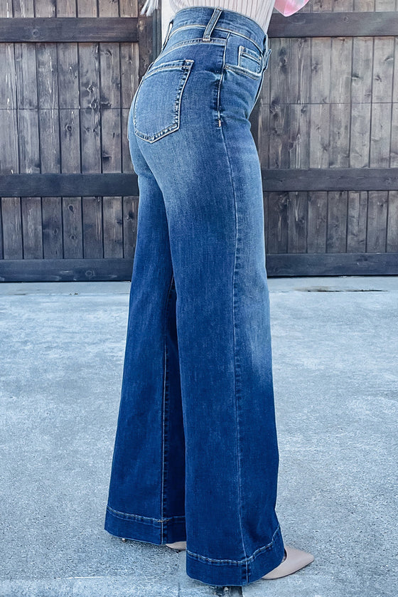 Dark Blue Casual Pocket High Rise Wide Leg Jeans