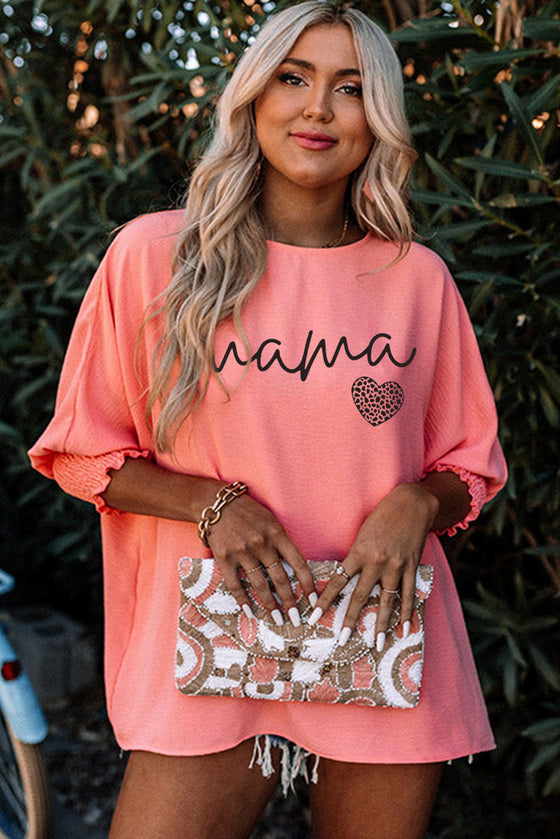 Pink mama Leopard Heart Graphic Shirred 3/4 Sleeve Tee