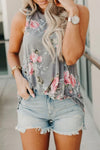 Floral Print Round Neck Casual White Tank Top