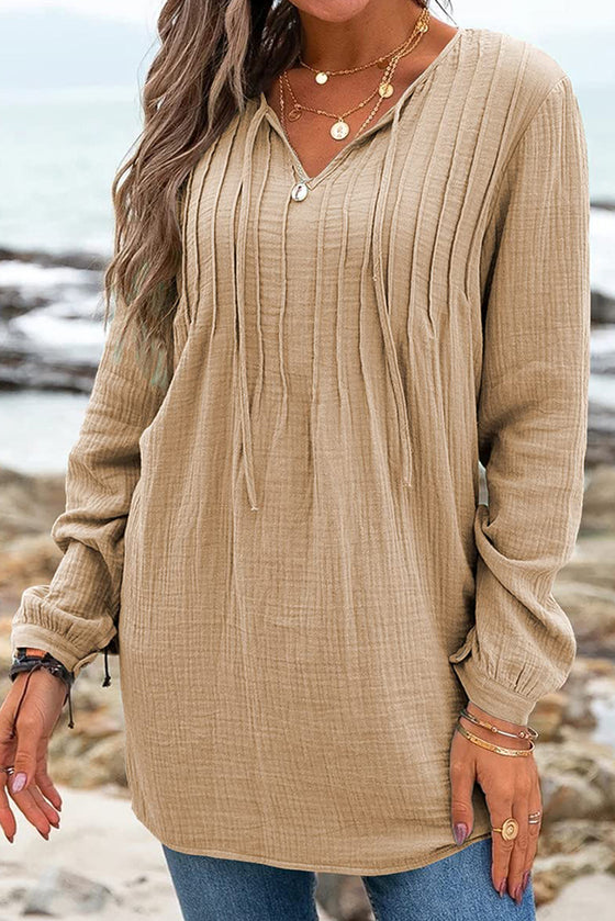 Green Pleated V Neck Crinkled Loose Tunic Top | Available in 2 Colors