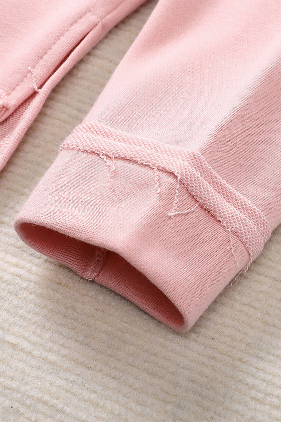 Pink Casual Frayed Trim Side Slit Loose Sweatshirt