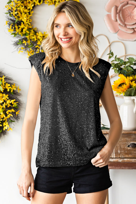 Black Crew Neck Sleeveless Sequin Top