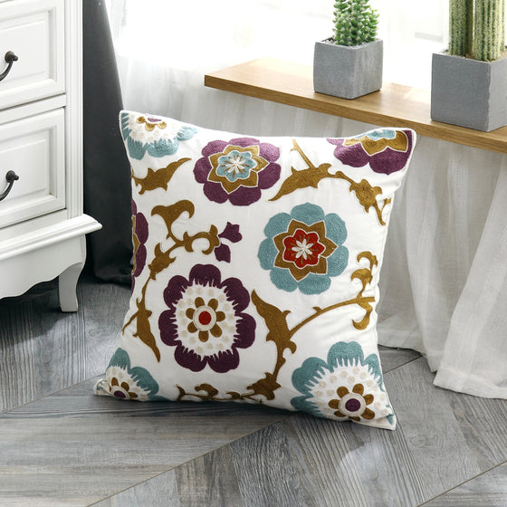 Cotton Crewel Work Embroidered Throw Pillow -18" x 18"