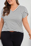 White Stripe V Neck Plus Size T-Shirt