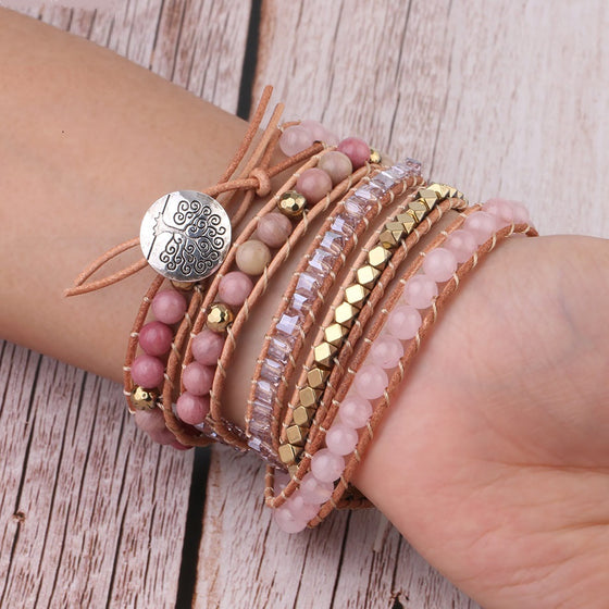 Quartz Stone Leather Wrap Bracelet Set