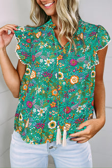  Floral Print Tassel Tie Top | Available in Green