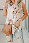 Floral Print Round Neck Casual White Tank Top