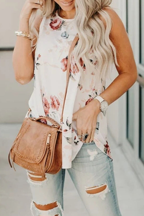 Floral Print Round Neck Casual White Tank Top