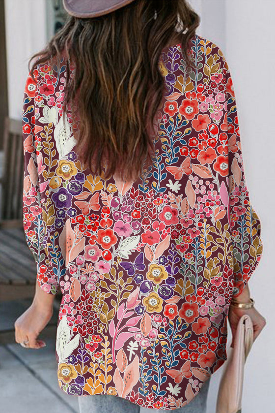 Multicolor Boho Floral Print Long Sleeve V Neck Blouse