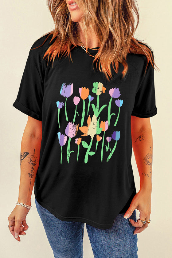 Black Floral Graphic Crewneck Drop Sleeve T Shirt