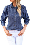 Dark Blue Rached Puff Sleeve Button-Up Denim Shirt