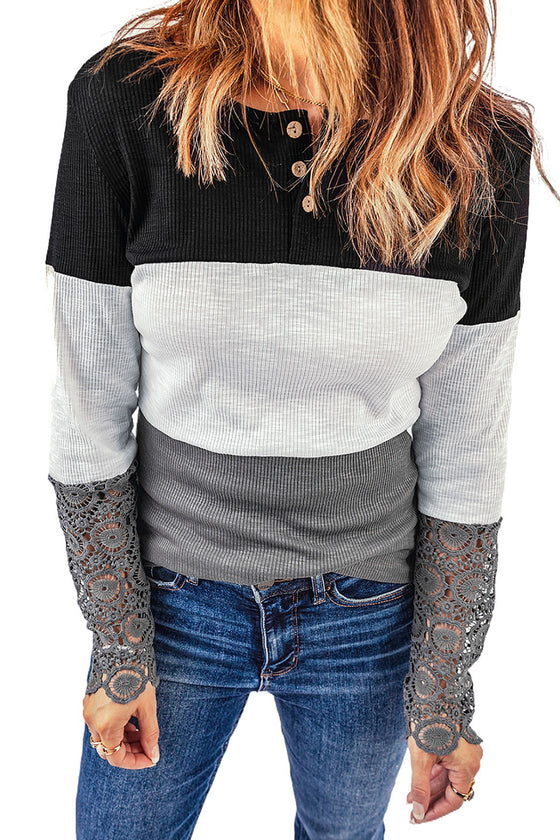 Color Block Ribbed Lace Crochet Sleeves Shirt for Women | Available in 2 Colors