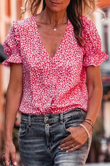  Pink Abstract Print V-Neck Blouse