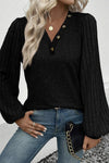 Black Button Detail V Neck Ribbed Bishop Sleeve Top | Available in 2 Colors