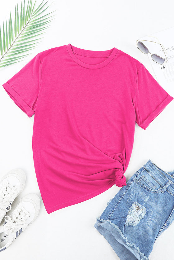 Pink Solid Color Basic Crew Neck Plain Tee | Available in 7 Colors