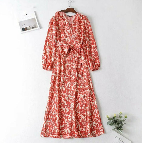 Vintage Style Maxi Dress in Red and Cream Floral Pattern